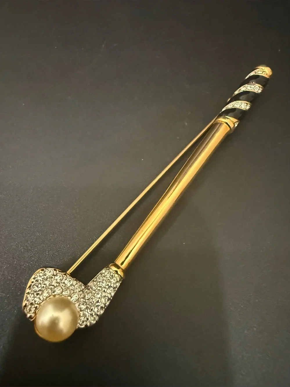 Vintage Retired SWAROVSKI Swan Signed Pave Crystal Faux Pearl Golf Club Brooch